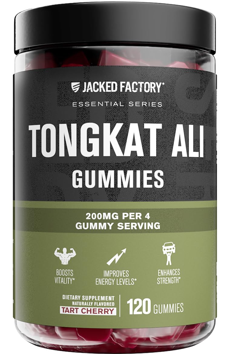 Jacked Factory Tongkat Ali Gummies bottle closeup highlights potent 100:1 extract for vitality.