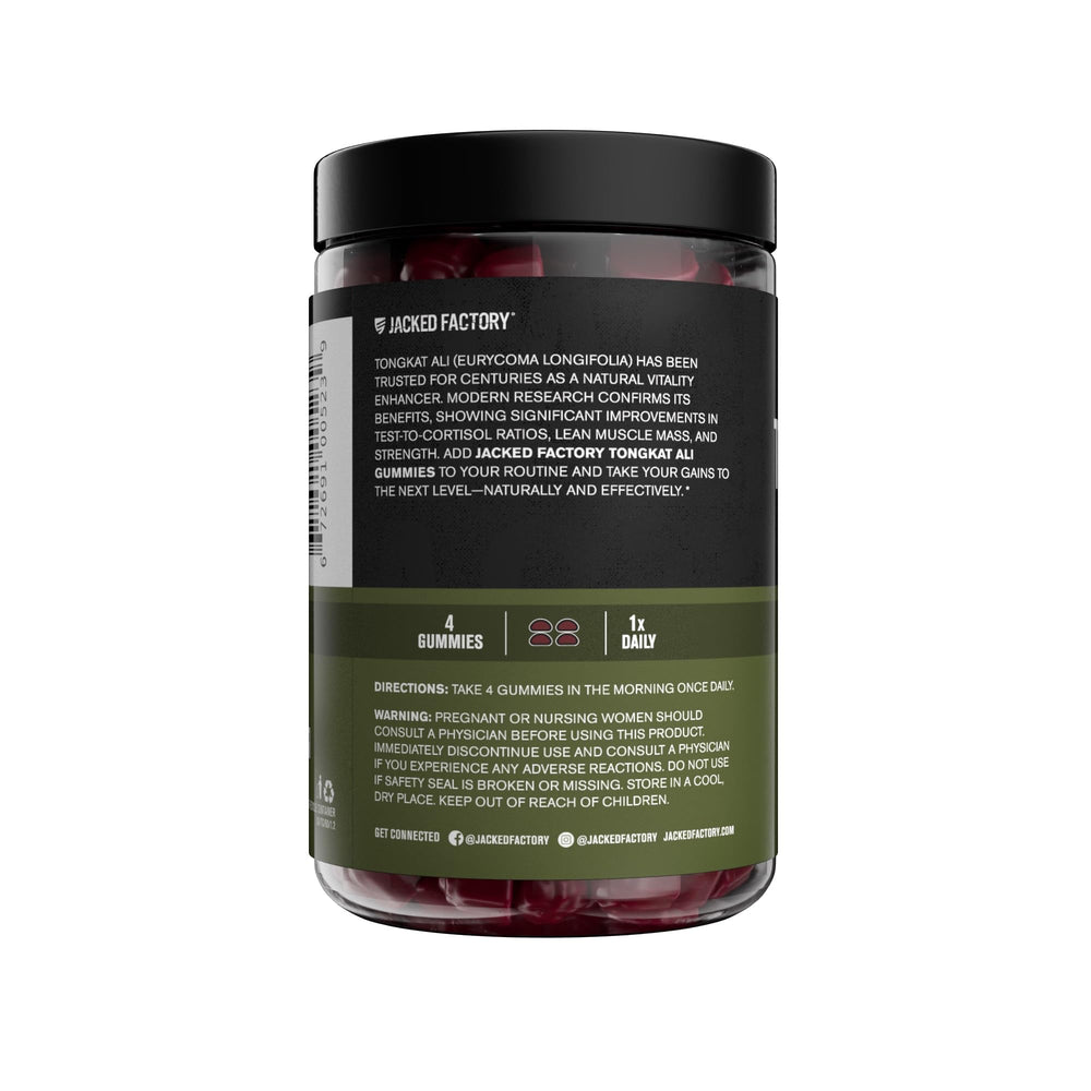 Jacked Factory Tongkat Ali Gummies bottle with glass illustrates everyday vitality ritual.