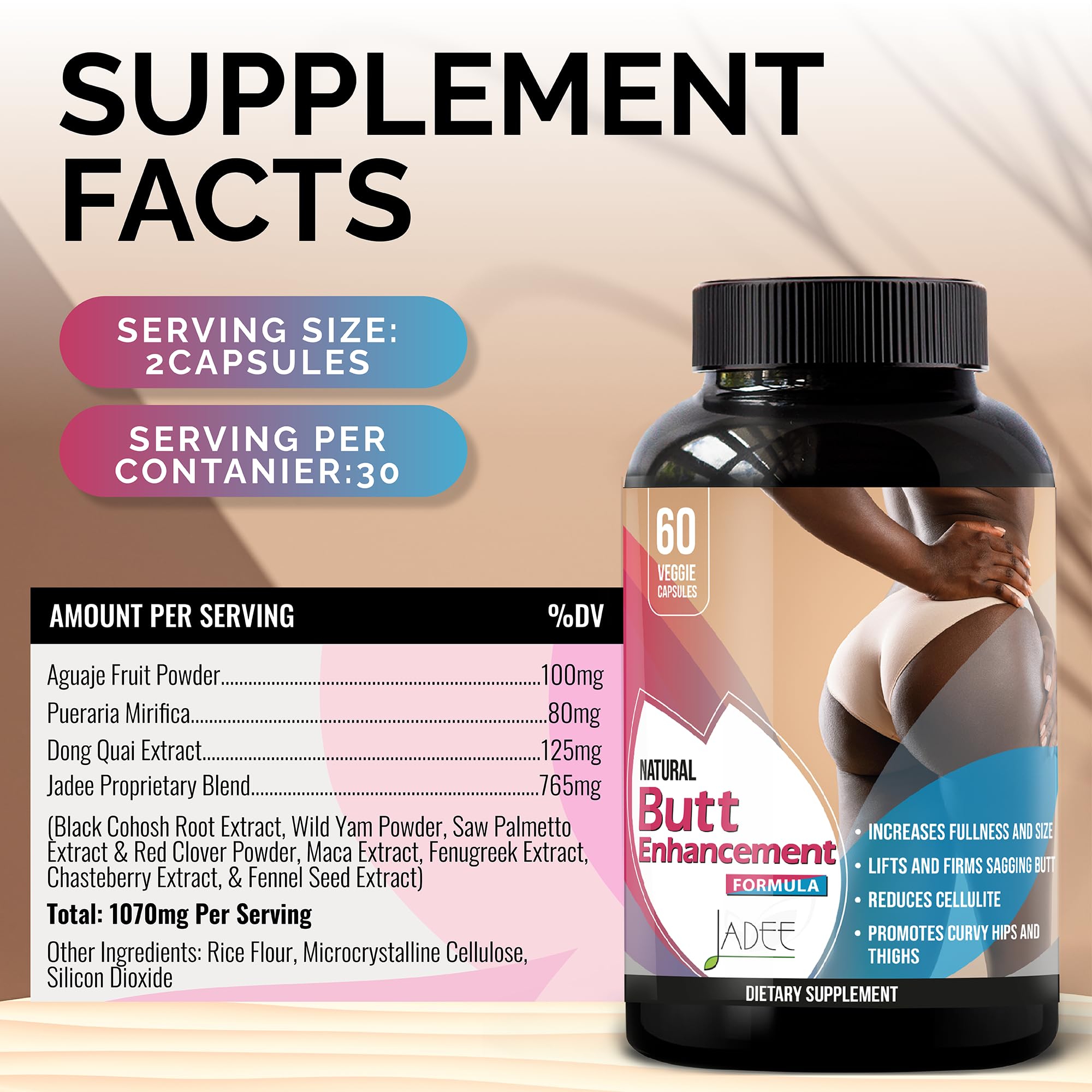 Jadee Curve Gainer capsules closeup shows convenient daily intake for gentle curve enhancement.