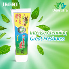 Images of ingredients including Amla, Mulethi, Miswak, Clove Oil, Camphor, Black Pepper & Saunf
