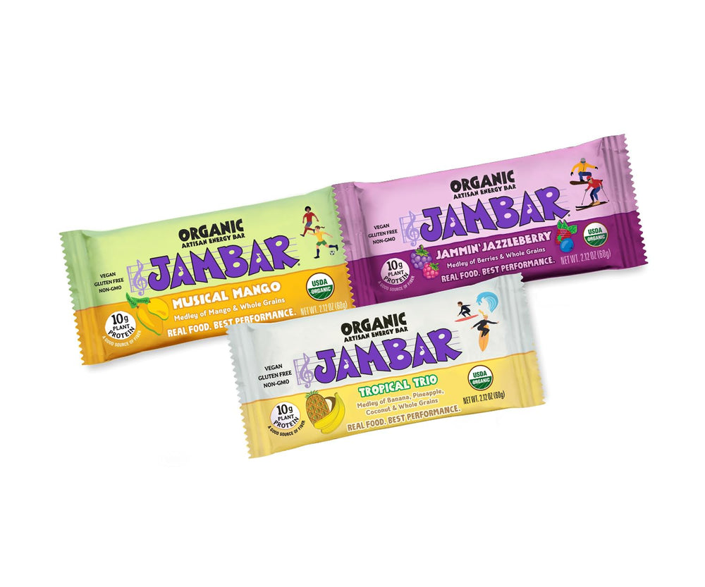 JAMBAR Organic Energy Bar 12-pack on shelf, vegan snack.