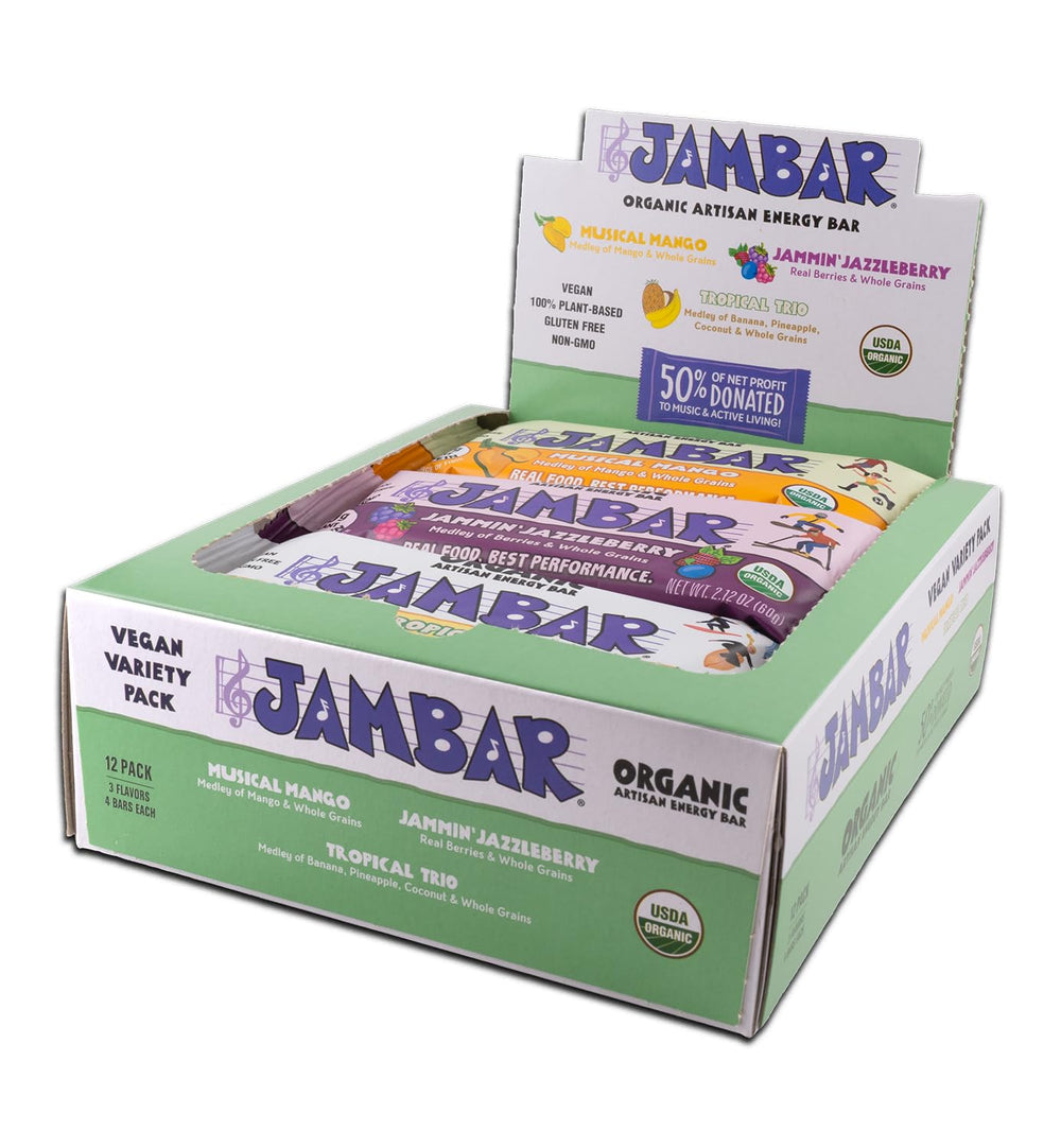 JAMBAR Tropical Trio 12-pack packaging, on-the-go energy.