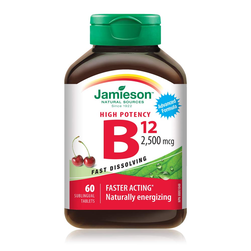 Jamieson B12 2,500 mcg methylcobalamin sublingual tablets bottle label