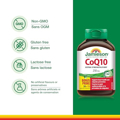 Close-up of Jamieson CoQ10 250mg softgel capsules