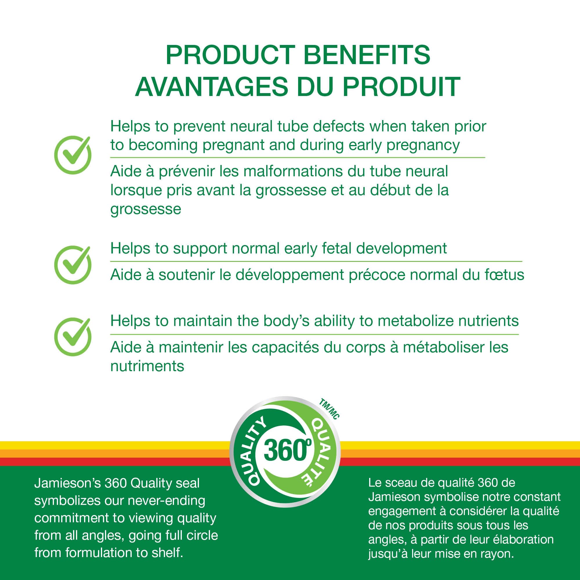 Supplement facts panel for Jamieson Folic Acid 1mg 100 Tablets