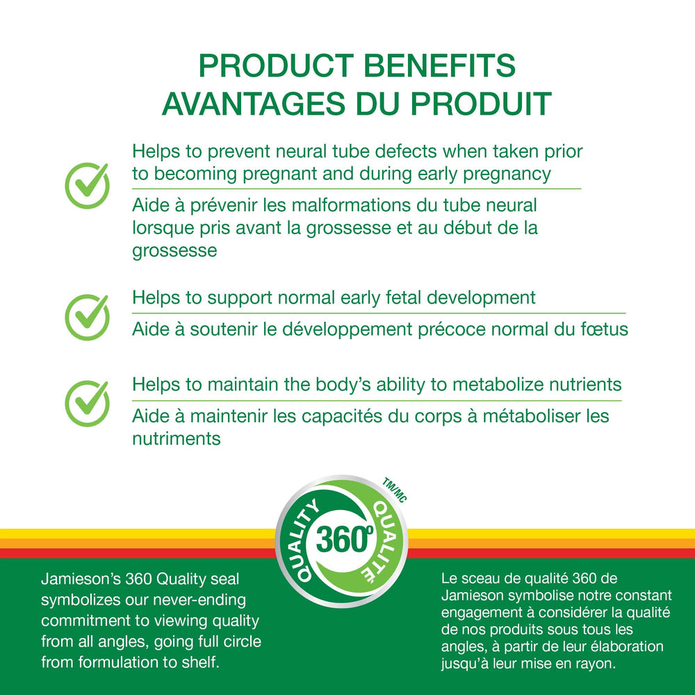 Supplement facts panel for Jamieson Folic Acid 1mg 100 Tablets