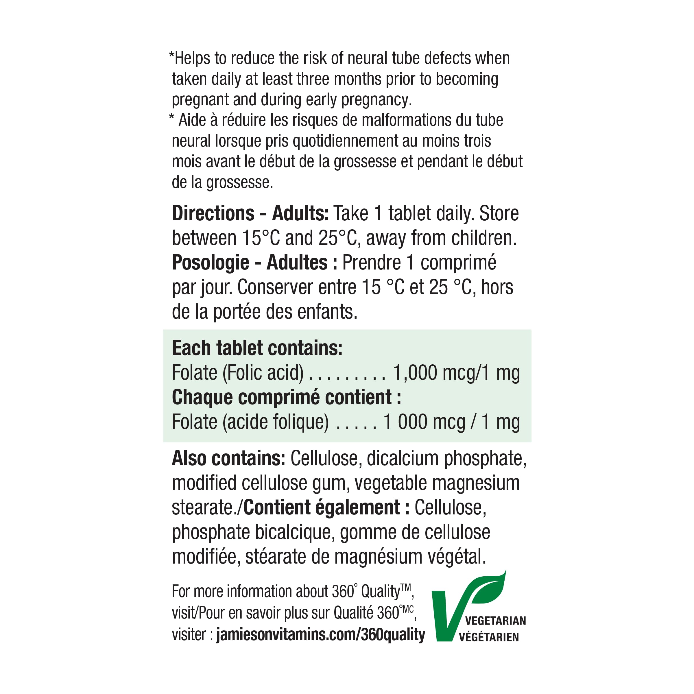 Serving directions and storage information on Jamieson Folic Acid bottle