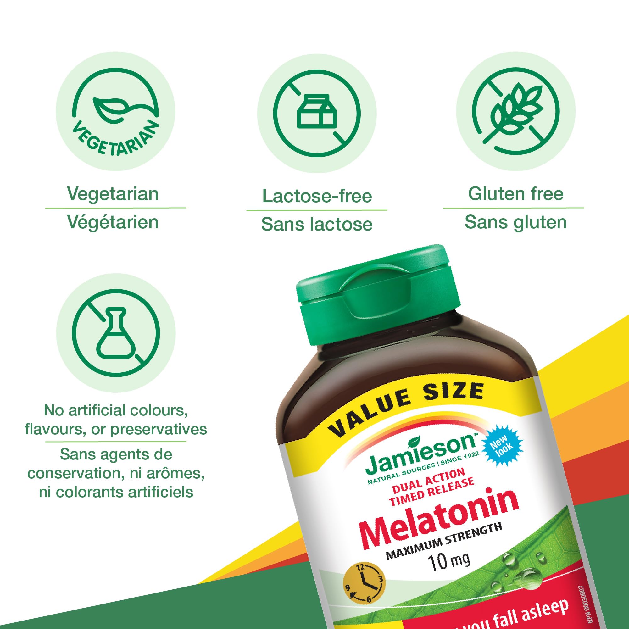 Gluten-free and lactose-free labeling on Jamieson Melatonin packaging
