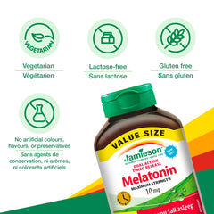 Gluten-free and lactose-free labeling on Jamieson Melatonin packaging