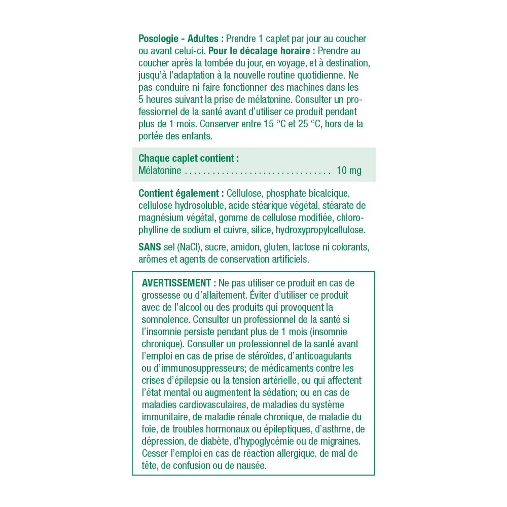 Nutrition facts panel for Jamieson Melatonin 10 mg