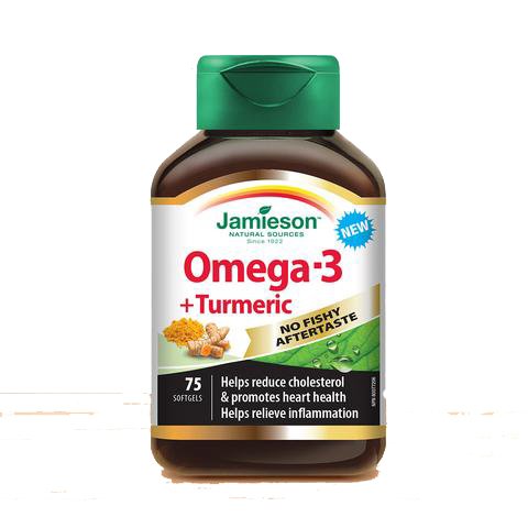 Jamieson Omega-3 + Turmeric 75 softgels bottle on white background