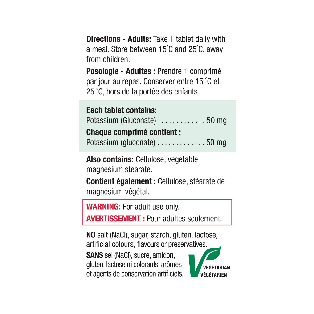 Nutrition facts panel for Jamieson Potassium 50 mg