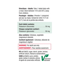 Nutrition facts panel for Jamieson Potassium 50 mg