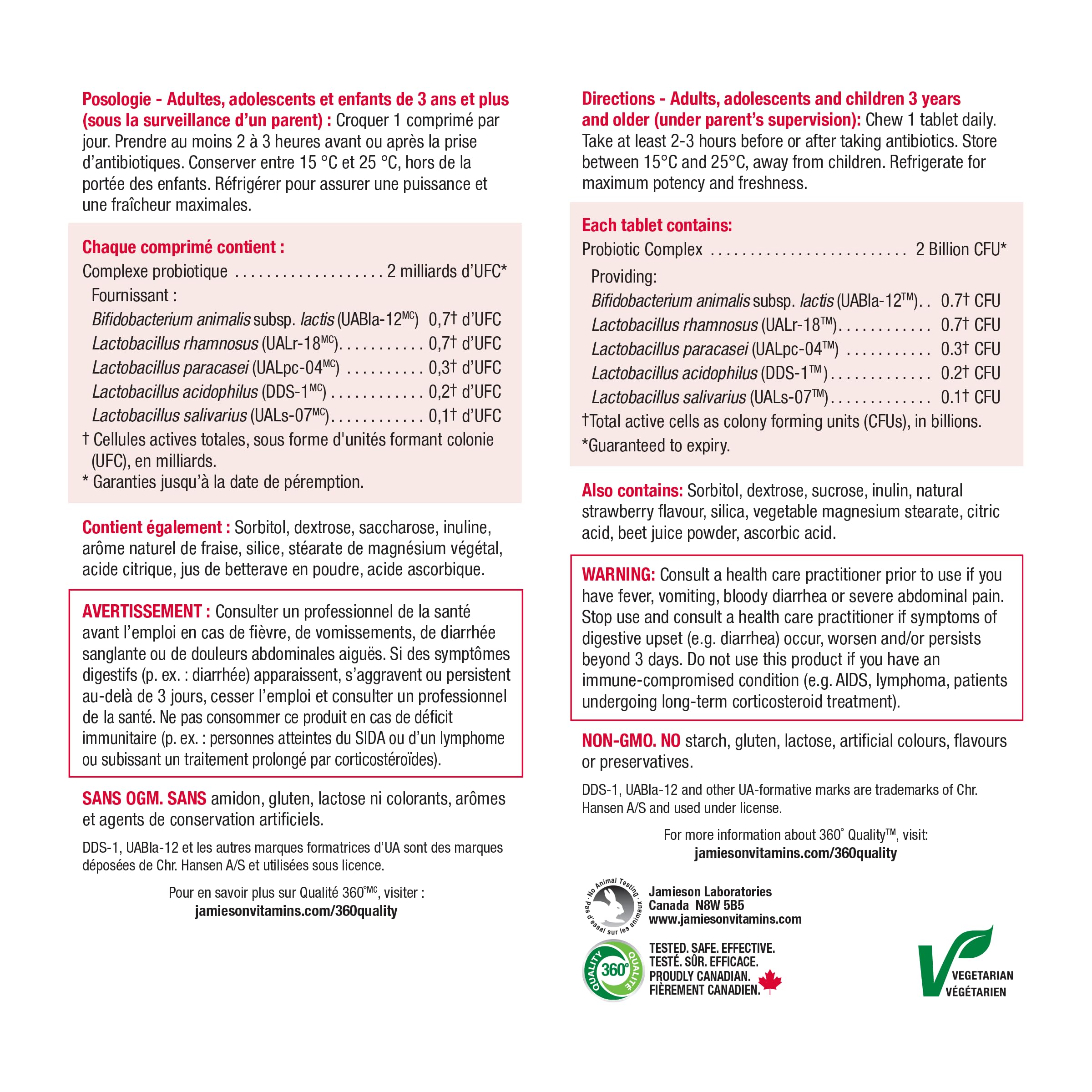 Nutrition facts and ingredients panel for Jamieson probiotic chewable