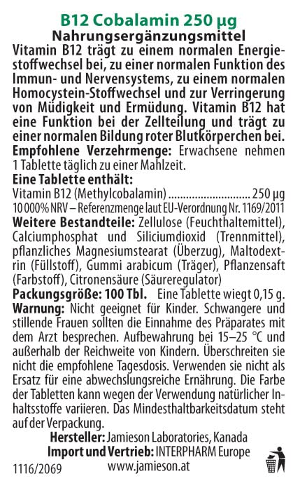 Nutrition facts panel of Jamieson B12 250 mcg