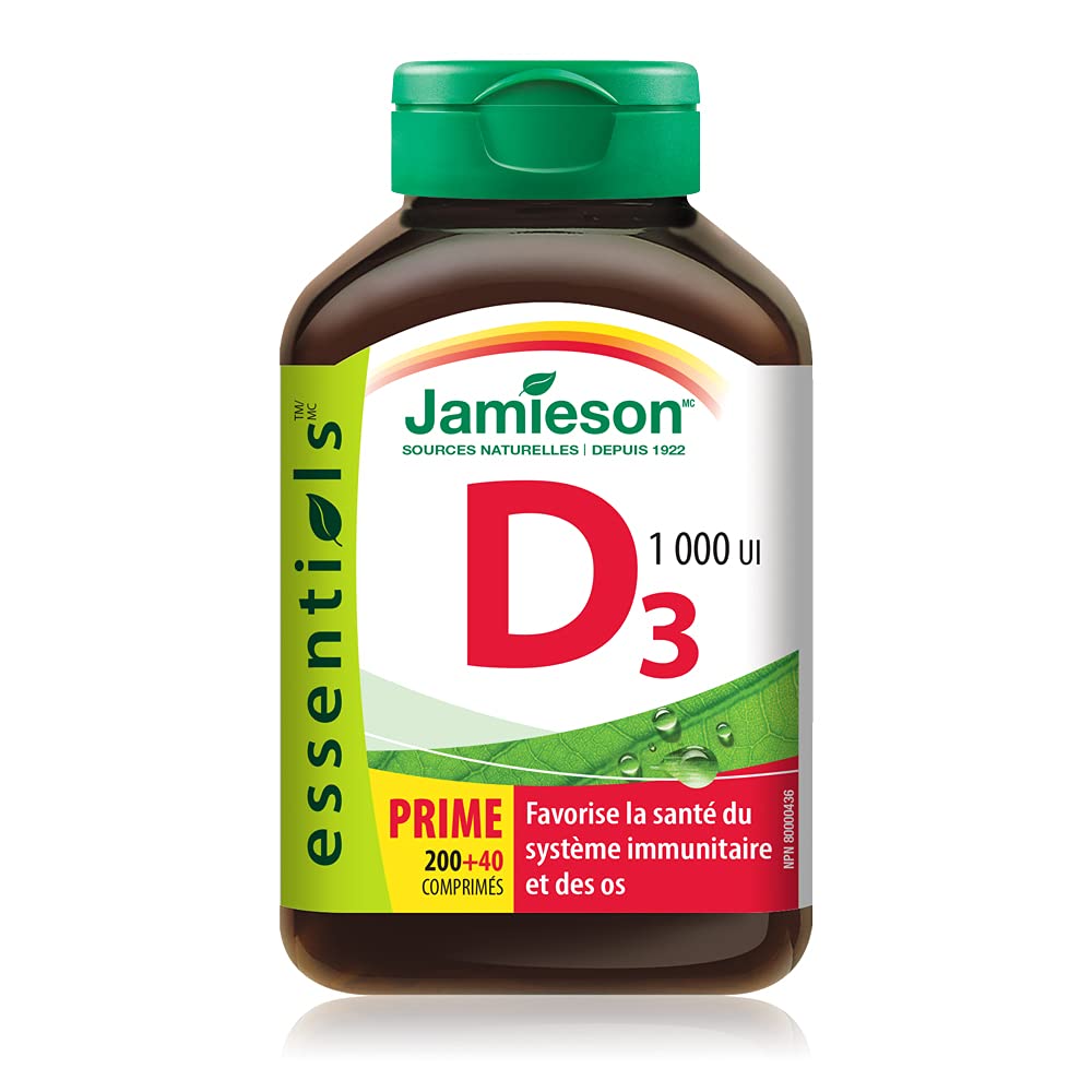 Jamieson Vitamin D3 1000 IU tablets arranged beside bottle