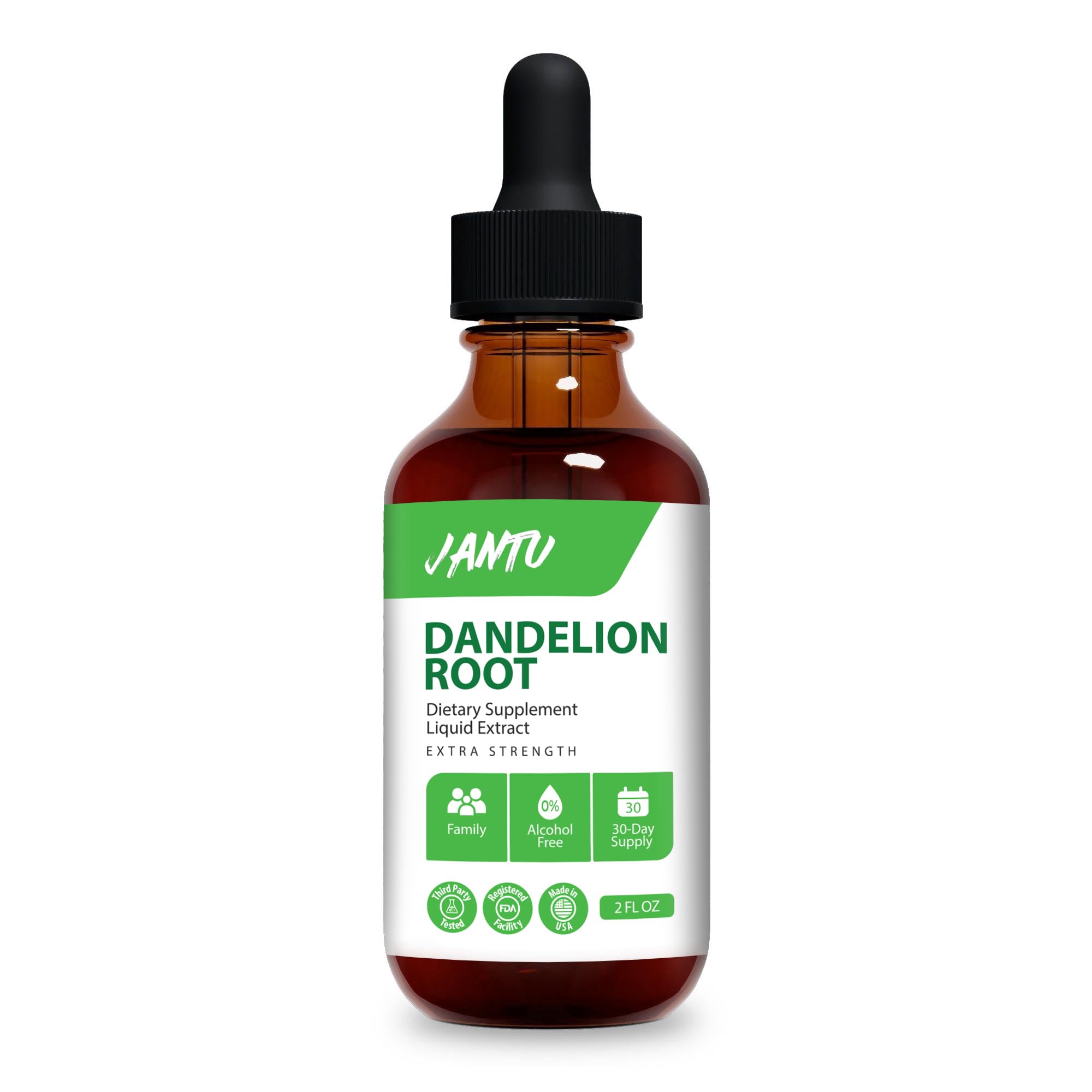 Jantu Dandelion Root Liquid Extract bottle, 2 FL OZ, alcohol-free