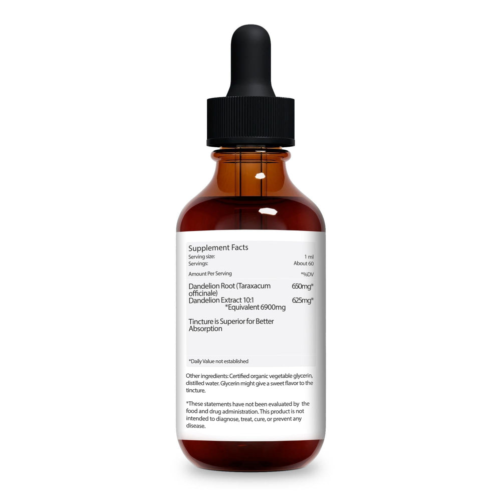 Close-up of Jantu Dandelion Root Liquid Extract label and bottle