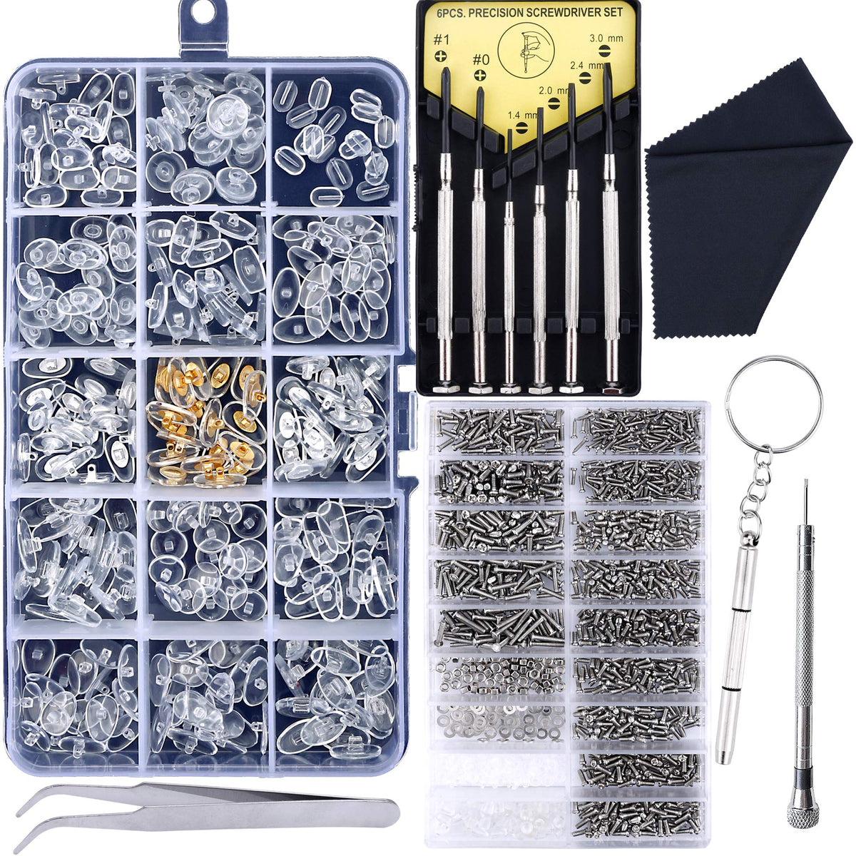 Full contents of JANYUN Eyeglass Repair Kit displayed on a white background