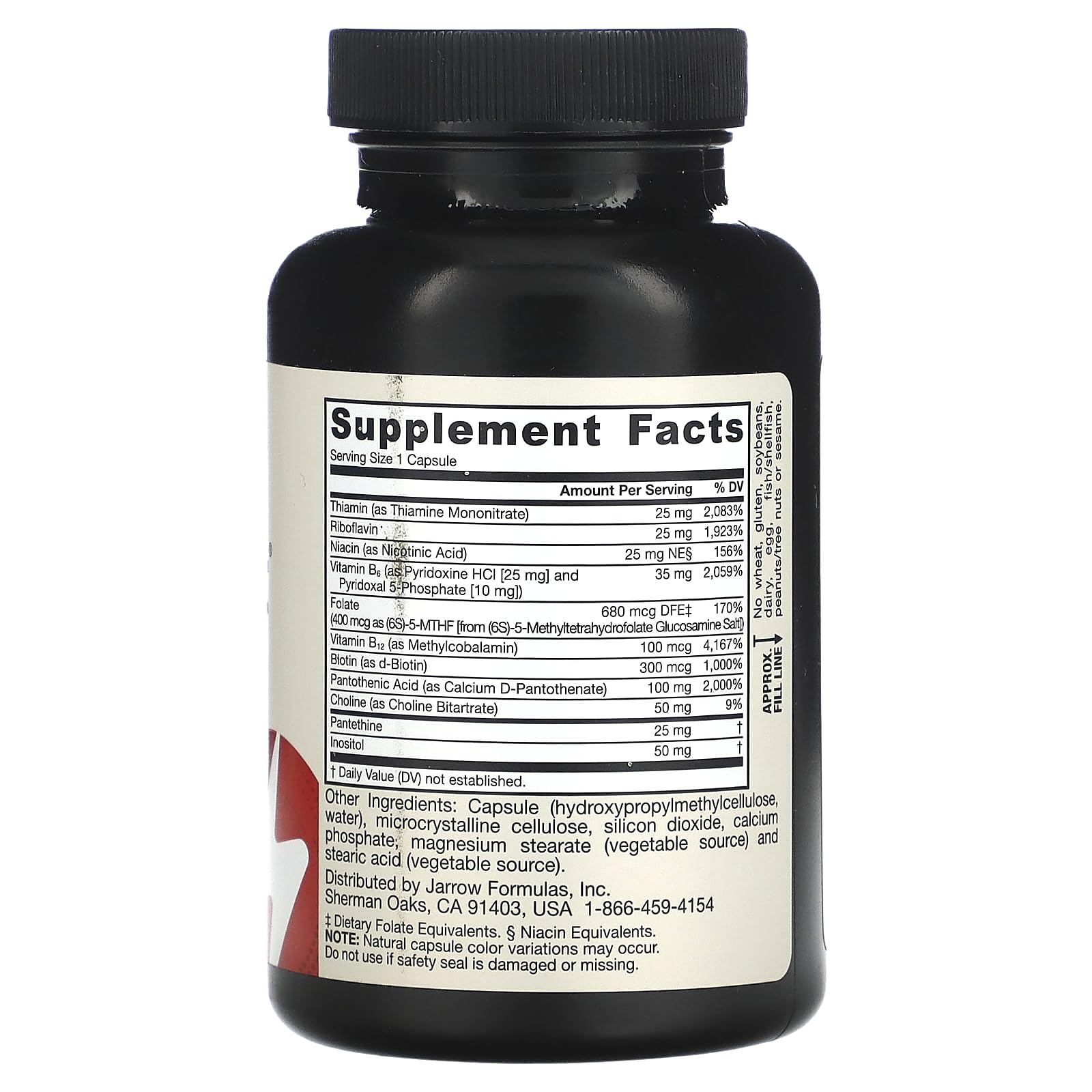 Close-up of Jarrow B-Right bottle label highlighting low-odor vitamin B-complex