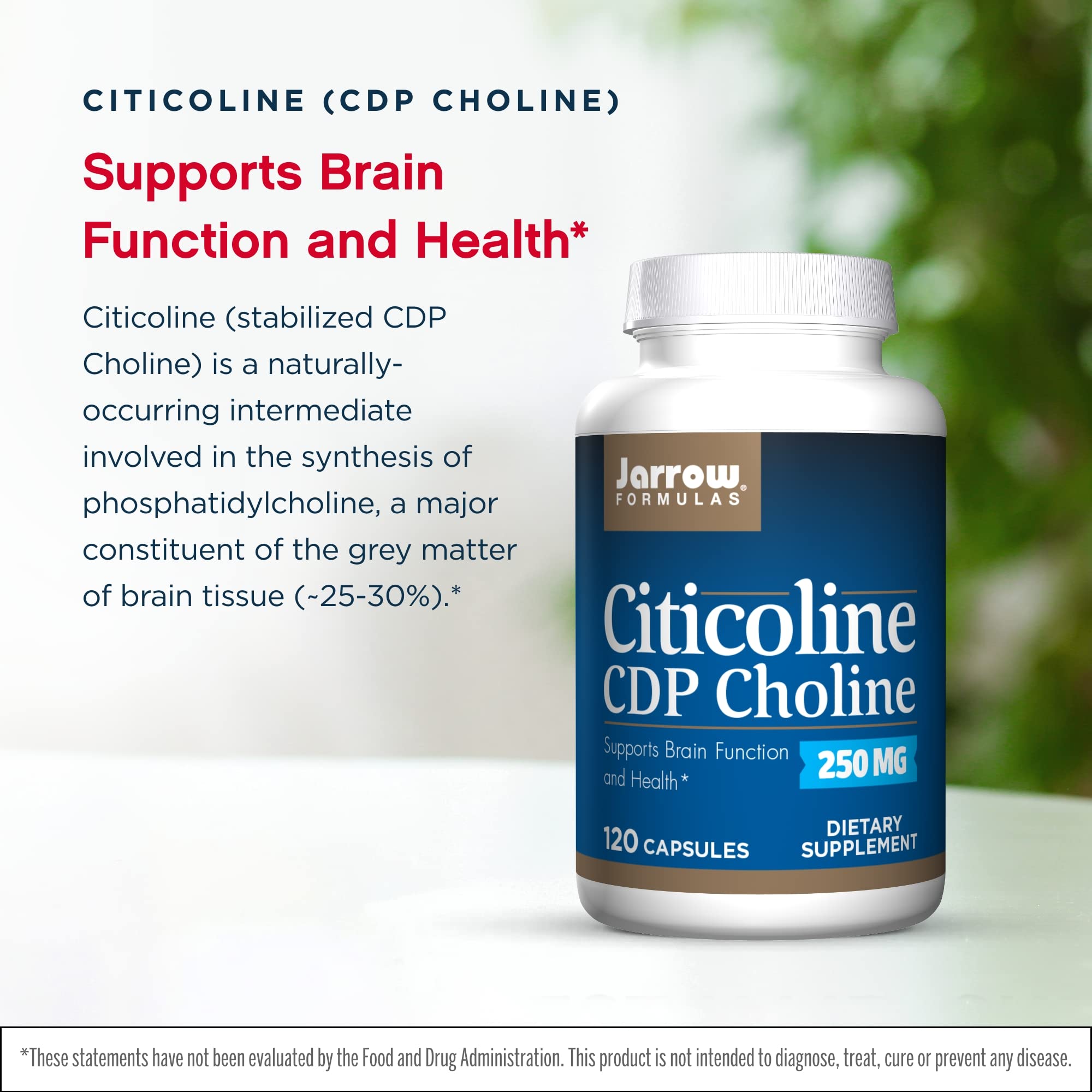 Close-up of yellow CDP Choline capsules in bottle