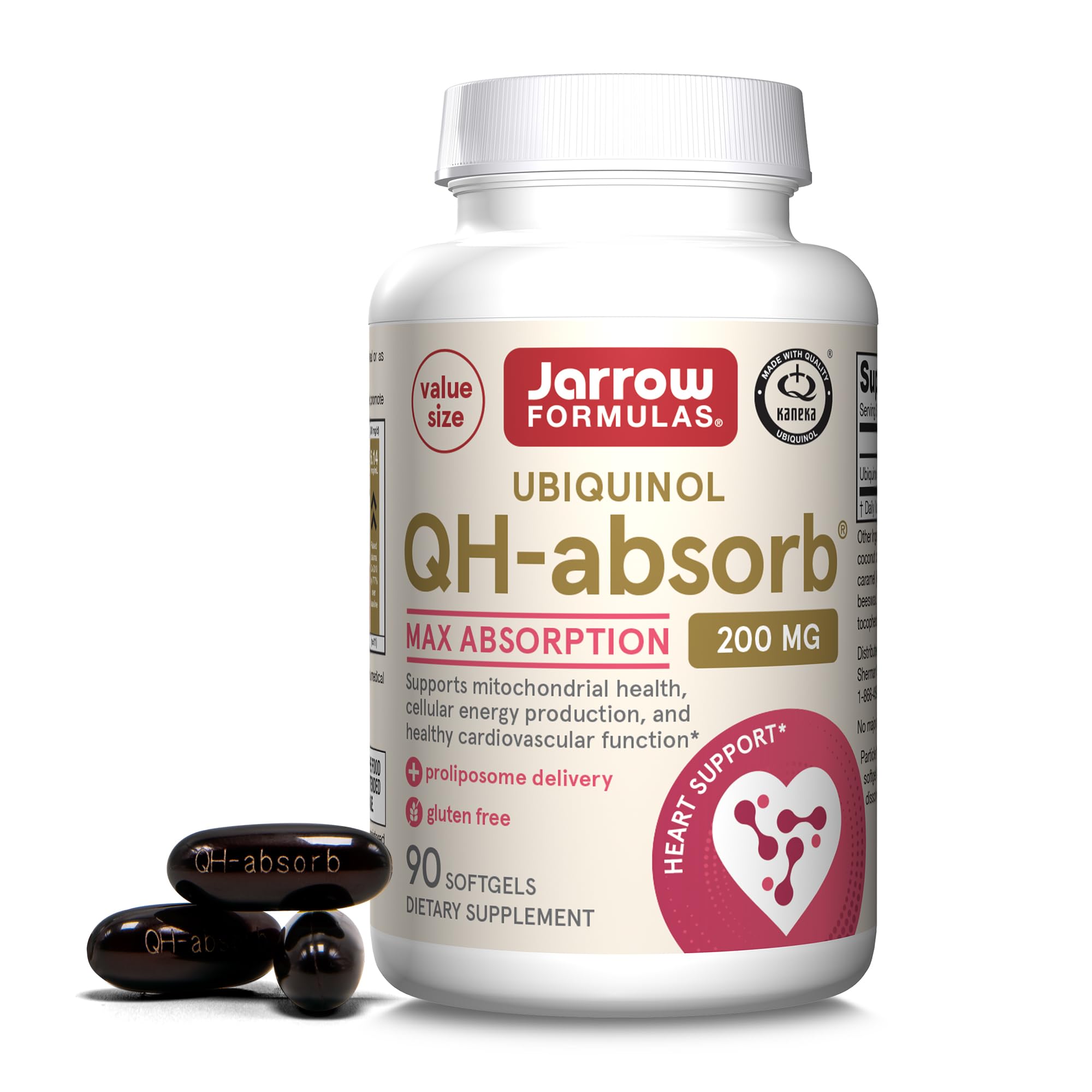 Front view of Jarrow Formulas QH-Absorb Co-Q10 bottle with 90 softgels