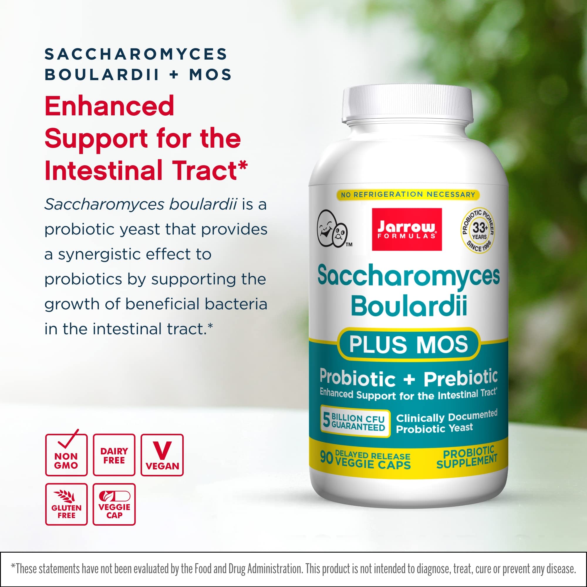 Bottle label close-up of Jarrow Saccharomyces Boulardii + MOS 2-Pack