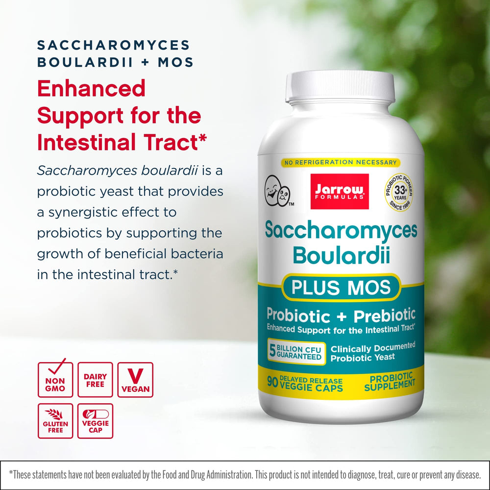 Bottle label close-up of Jarrow Saccharomyces Boulardii + MOS 2-Pack