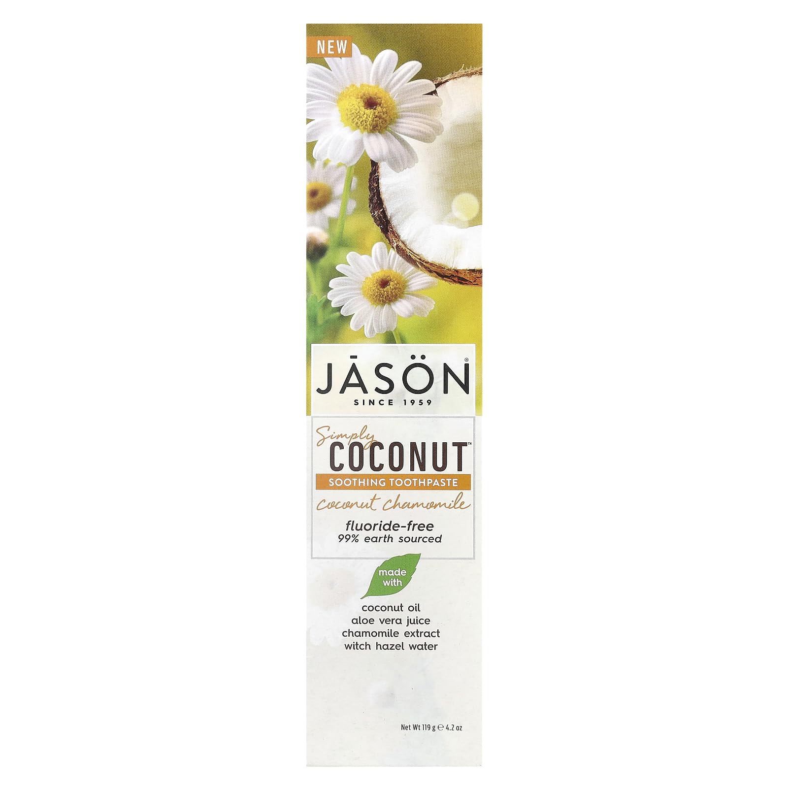 Front packaging of Jason Simply Coconut Soothing Toothpaste Coconut Chamomile