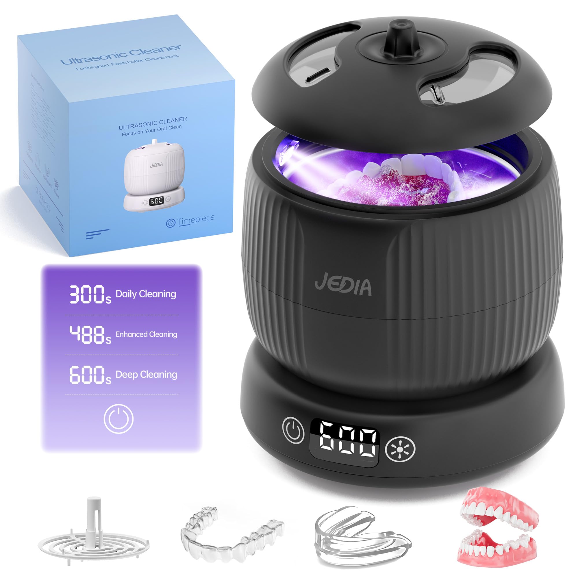 JEDIA Ultrasonic Retainer Cleaner front view with dual viewing windows