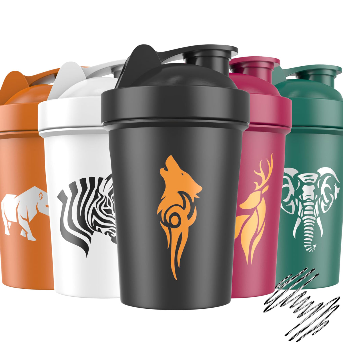 Front view of the JEELA SPORTS 5-pack protein shaker bottles (20 oz) in multiple colors