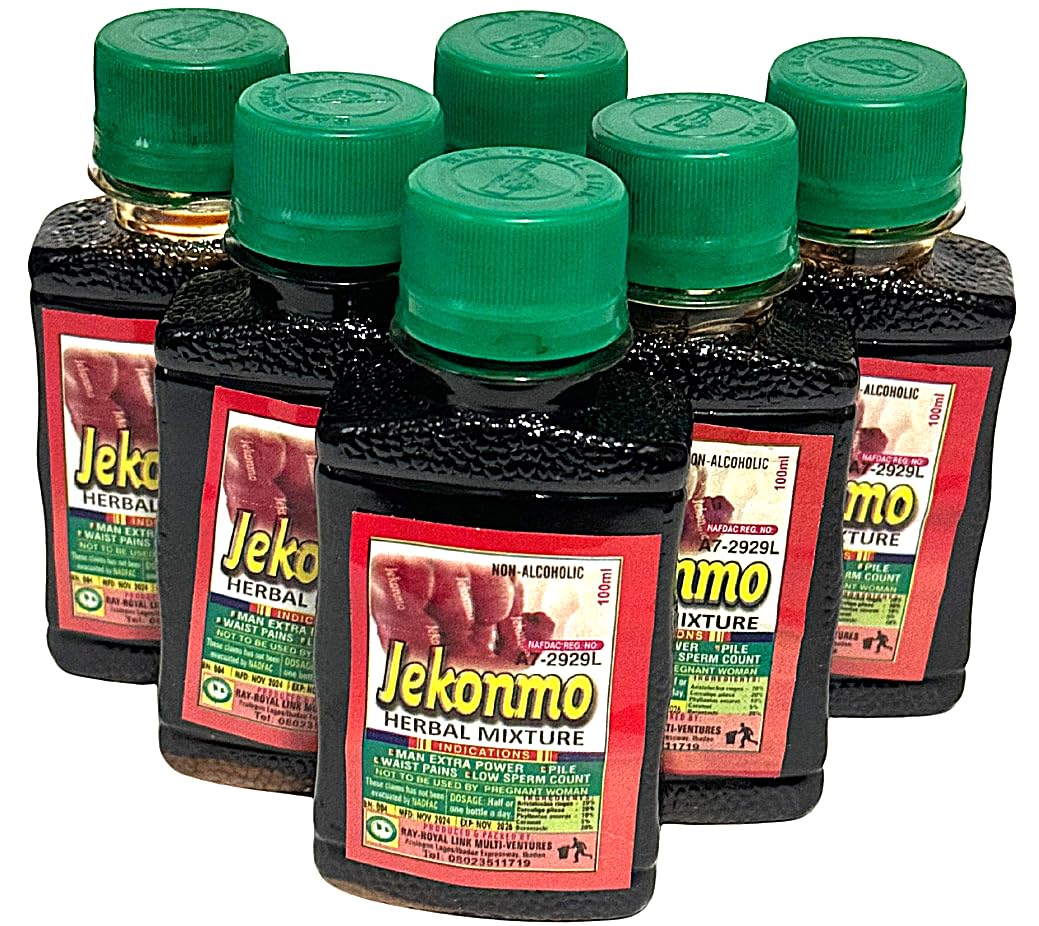 Jekonmo African Herbal Mixture bottle front supports daily vitality and focus.