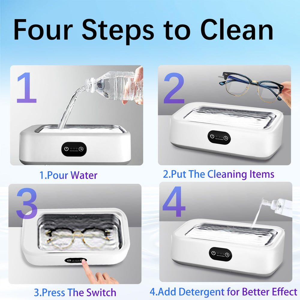 Compact portable jewelry cleaner placed beside glasses and rings