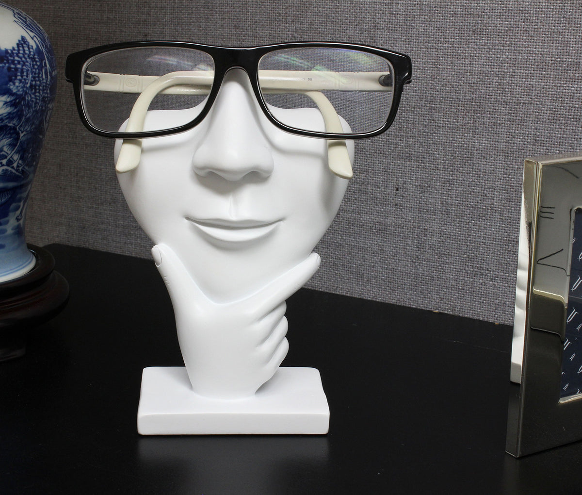 White Artsy Face Eyeglass Holder Stand with Sculpted Nose