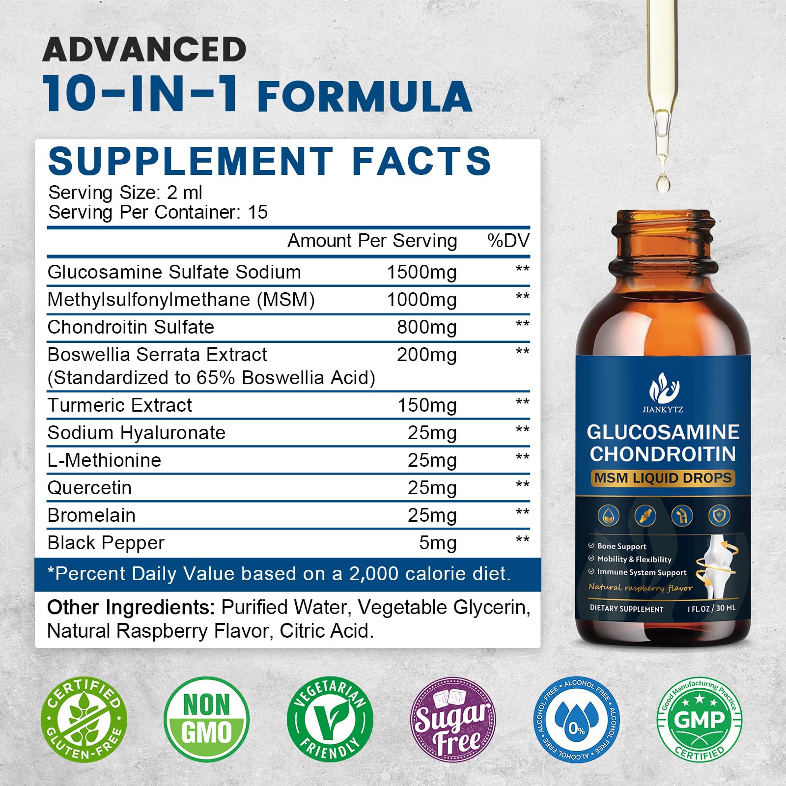 Back label and packaging of JIANKYTZ Glucosamine Chondroitin MSM Liquid Drops