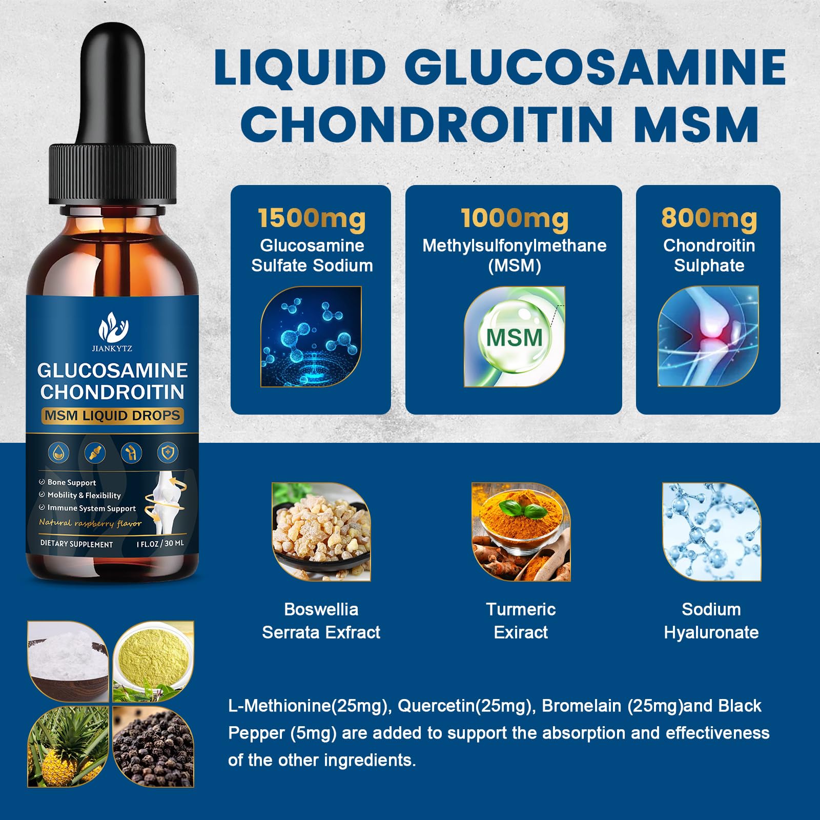 Close-up of the JIANKYTZ Glucosamine Chondroitin MSM Liquid Drops bottle