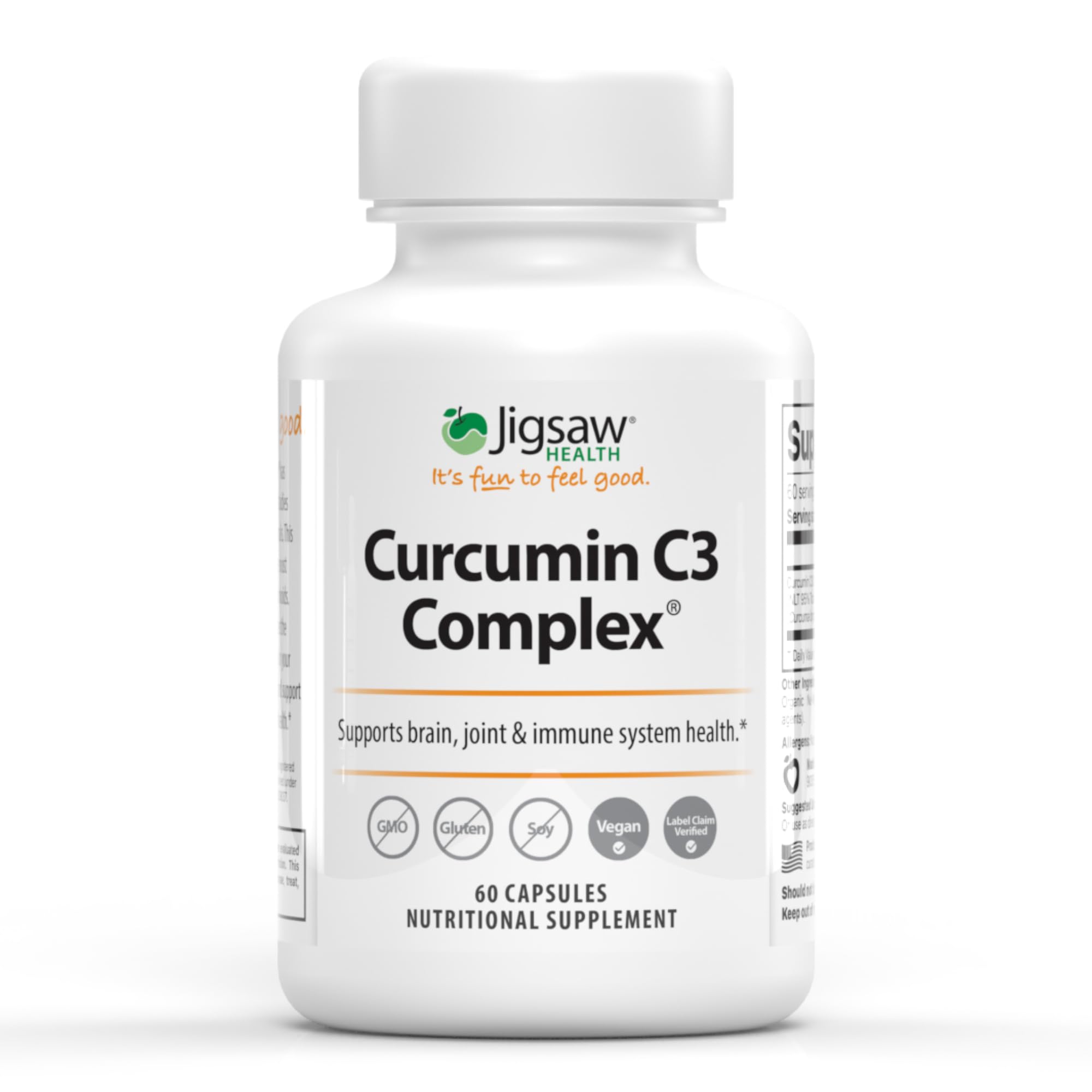 Front view of Jigsaw Health Curcumin C3 Complex bottle with 60 capsules