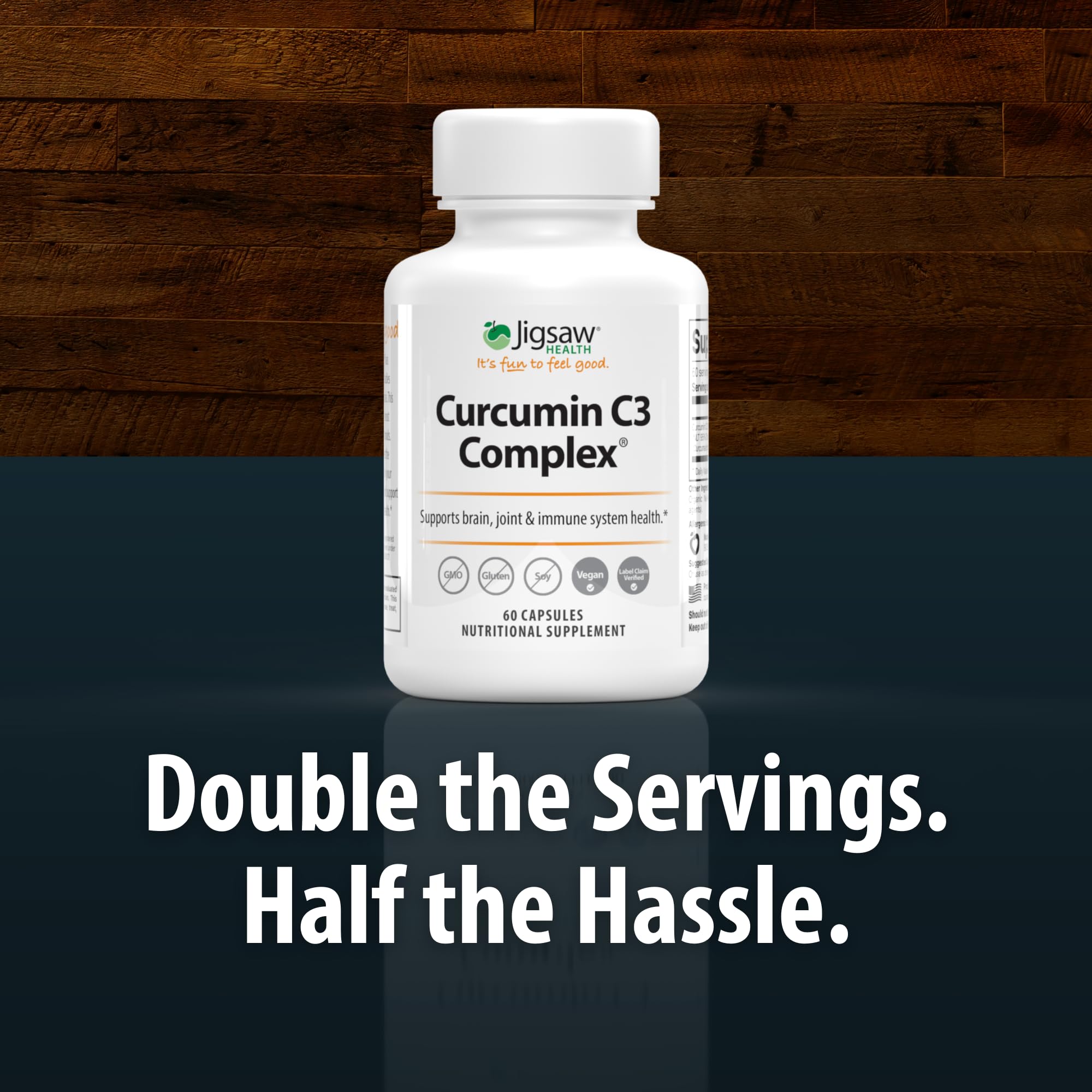 Close-up of bottle label showing 60 capsules and curcumin information