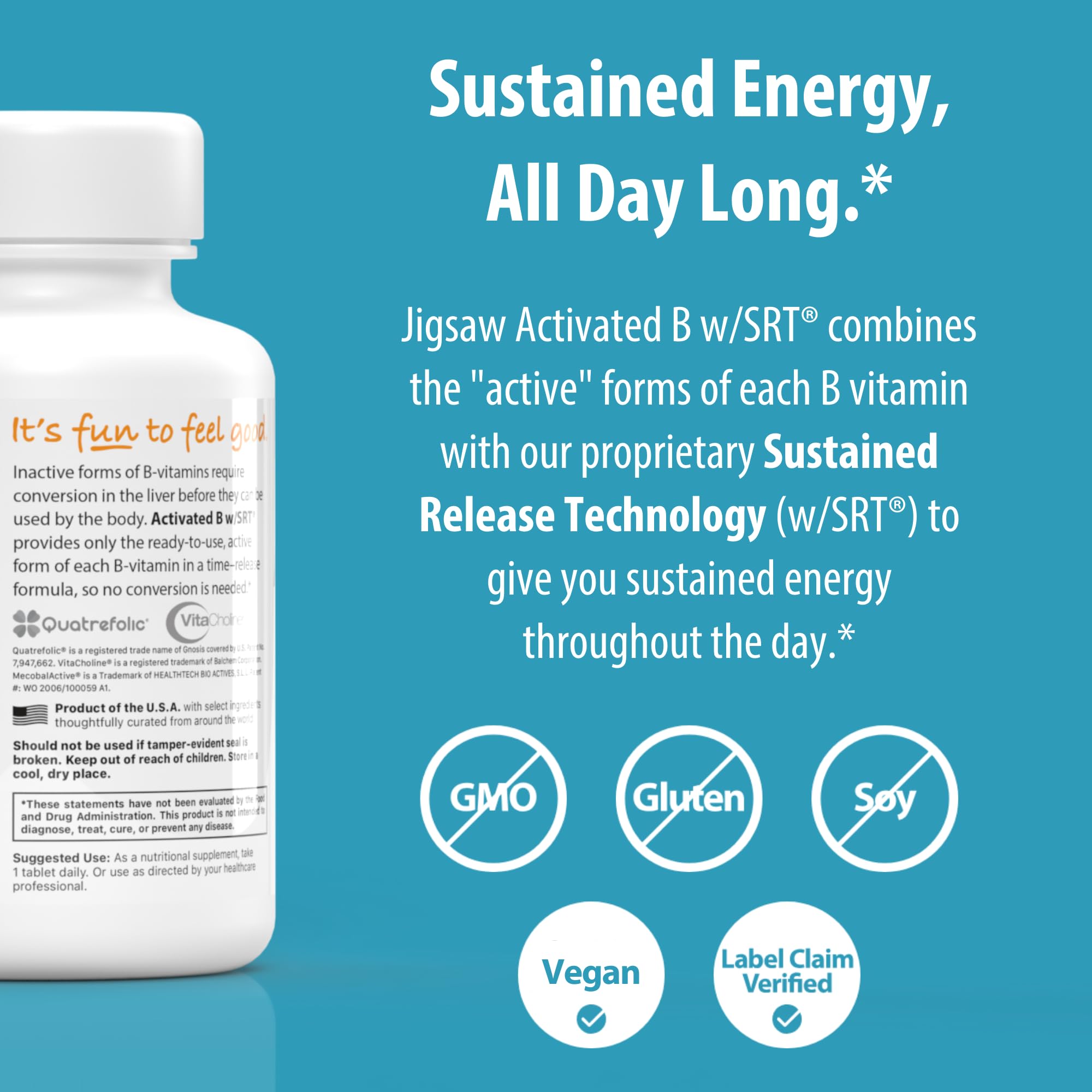 Close-up of Jigsaw Health Activated B w/SRT tablets