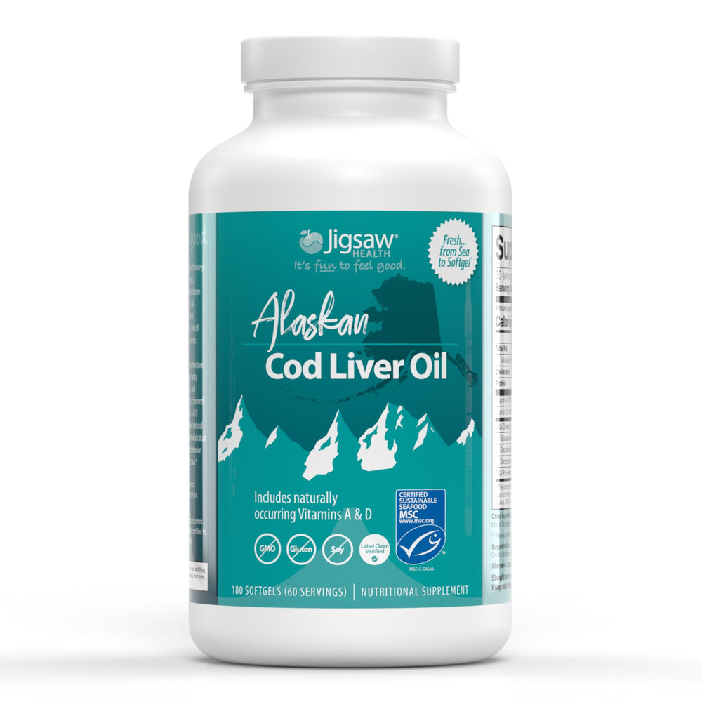 Jigsaw Health Alaskan Cod Liver Oil bottle front label with 180 softgels