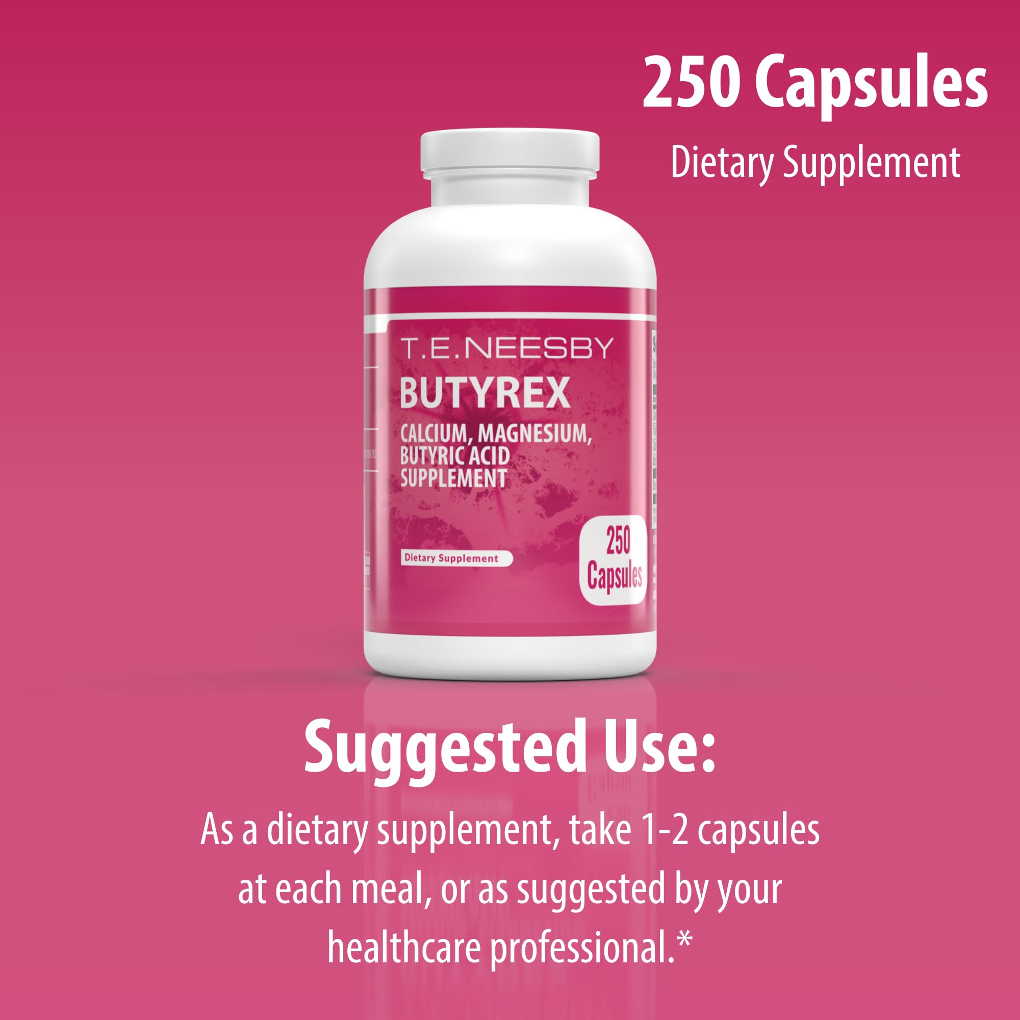 Butyrex bottle and label on a desk