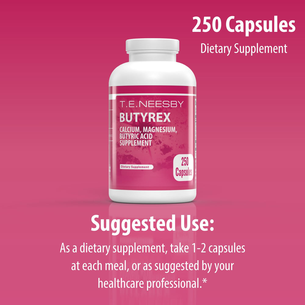 Butyrex bottle and label on a desk