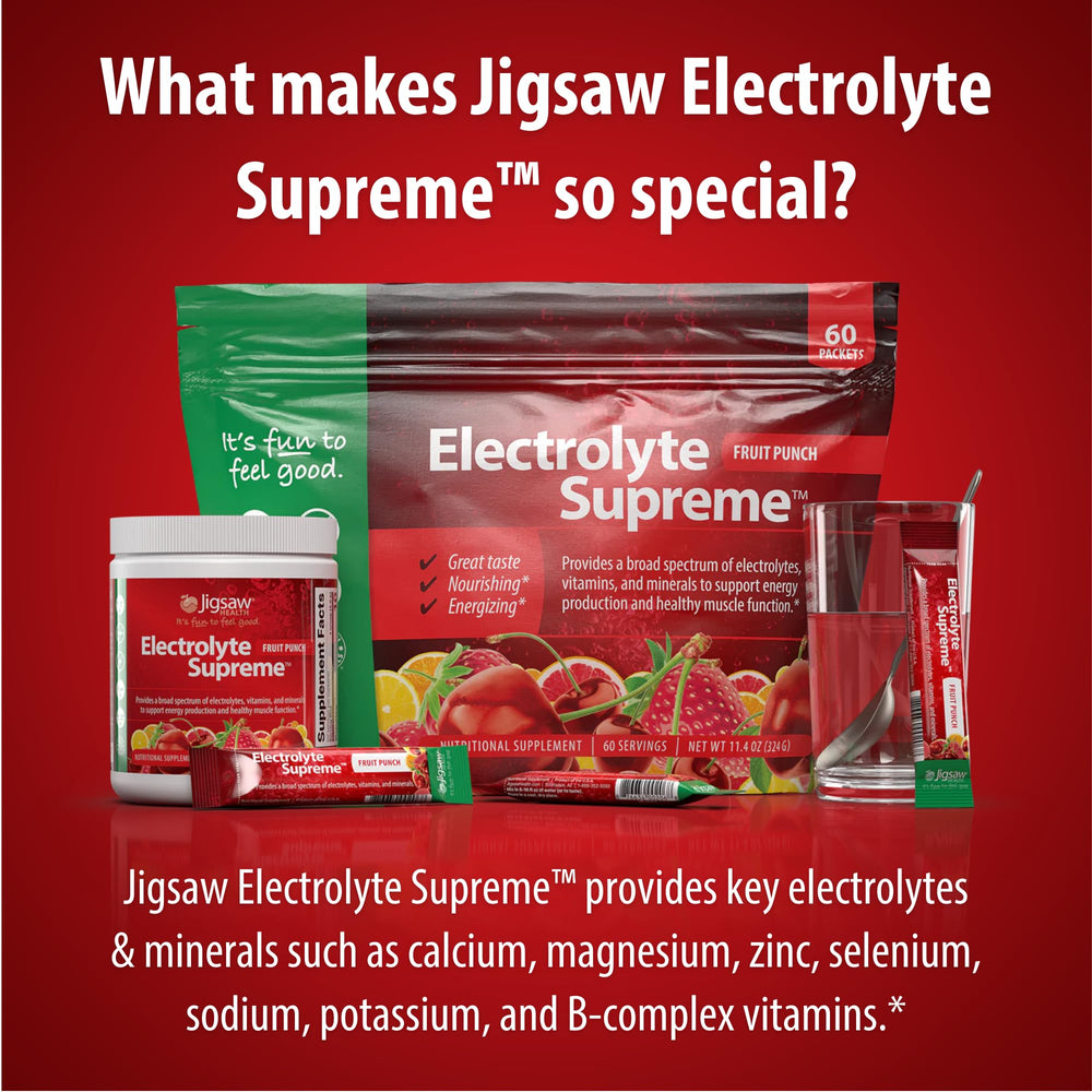 Jigsaw Health Electrolyte Supreme fruit punch in glass promoting hydration