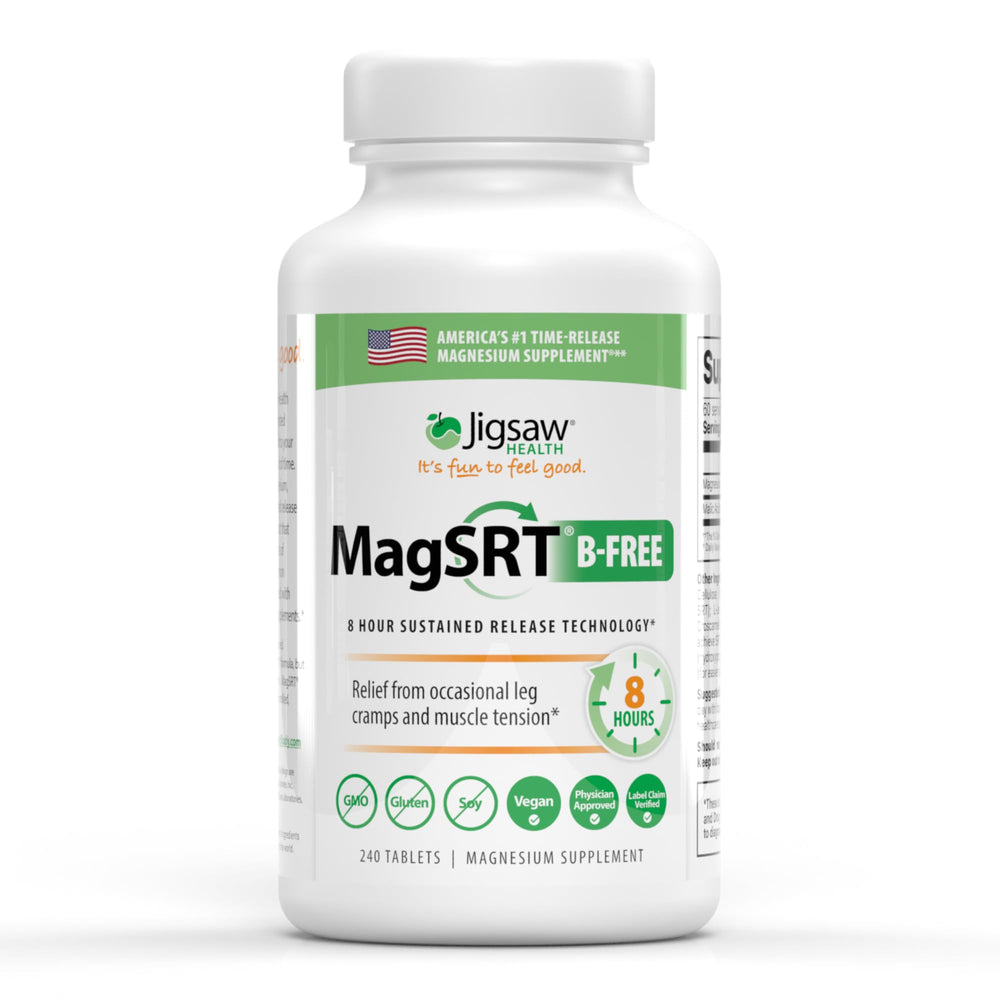Bottle of Jigsaw Health MagSRT B-Free magnesium supplement, 240 tablets