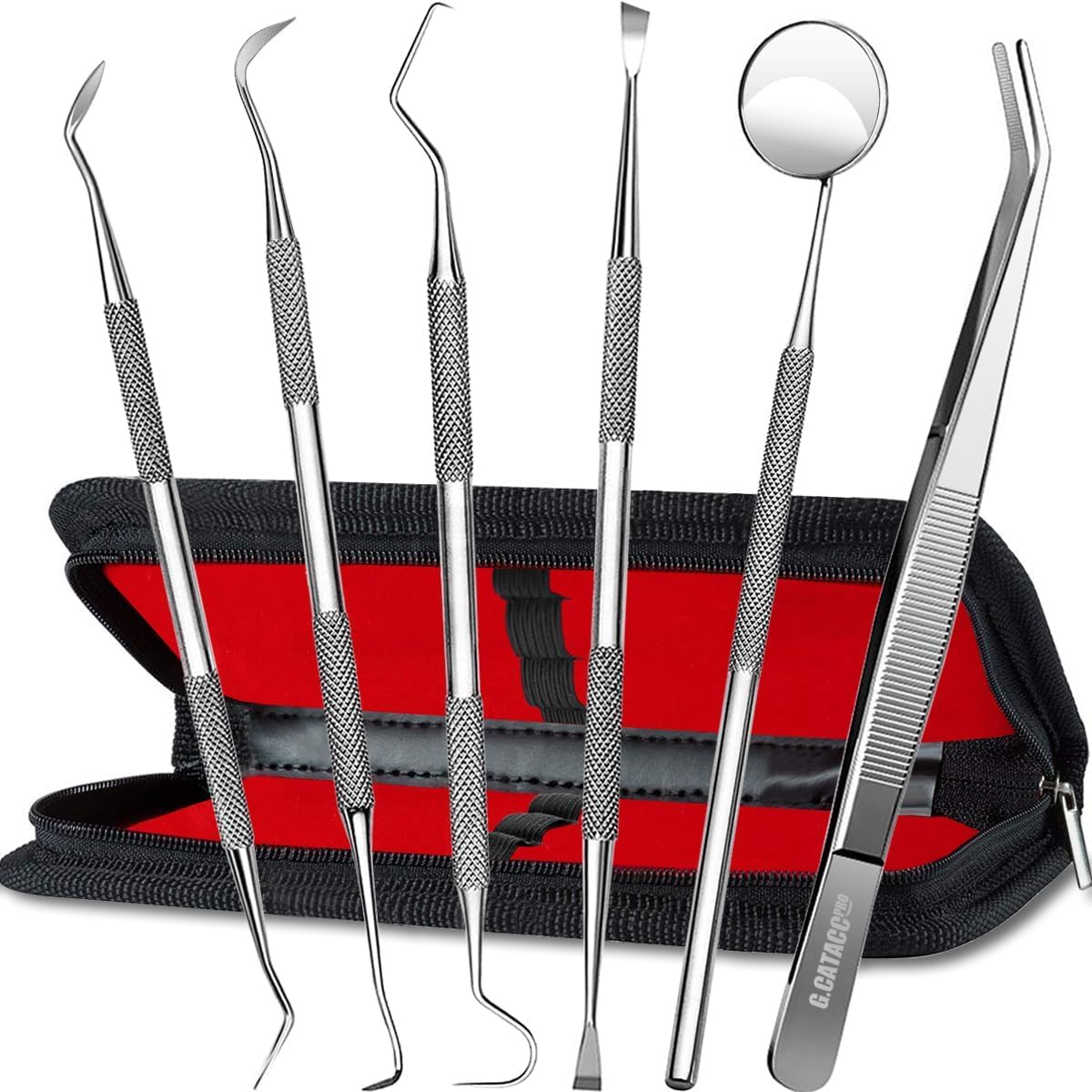 Jimy 6-piece dental cleaning kit with stainless steel scaler, tweezers, and mouth mirror