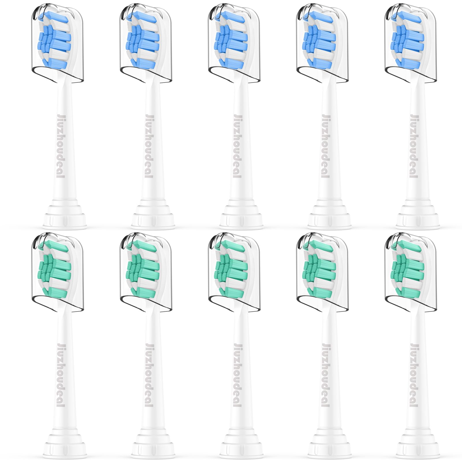 Jiuzhoudeal 10-pack replacement toothbrush heads for Philips Sonicare, white and blue