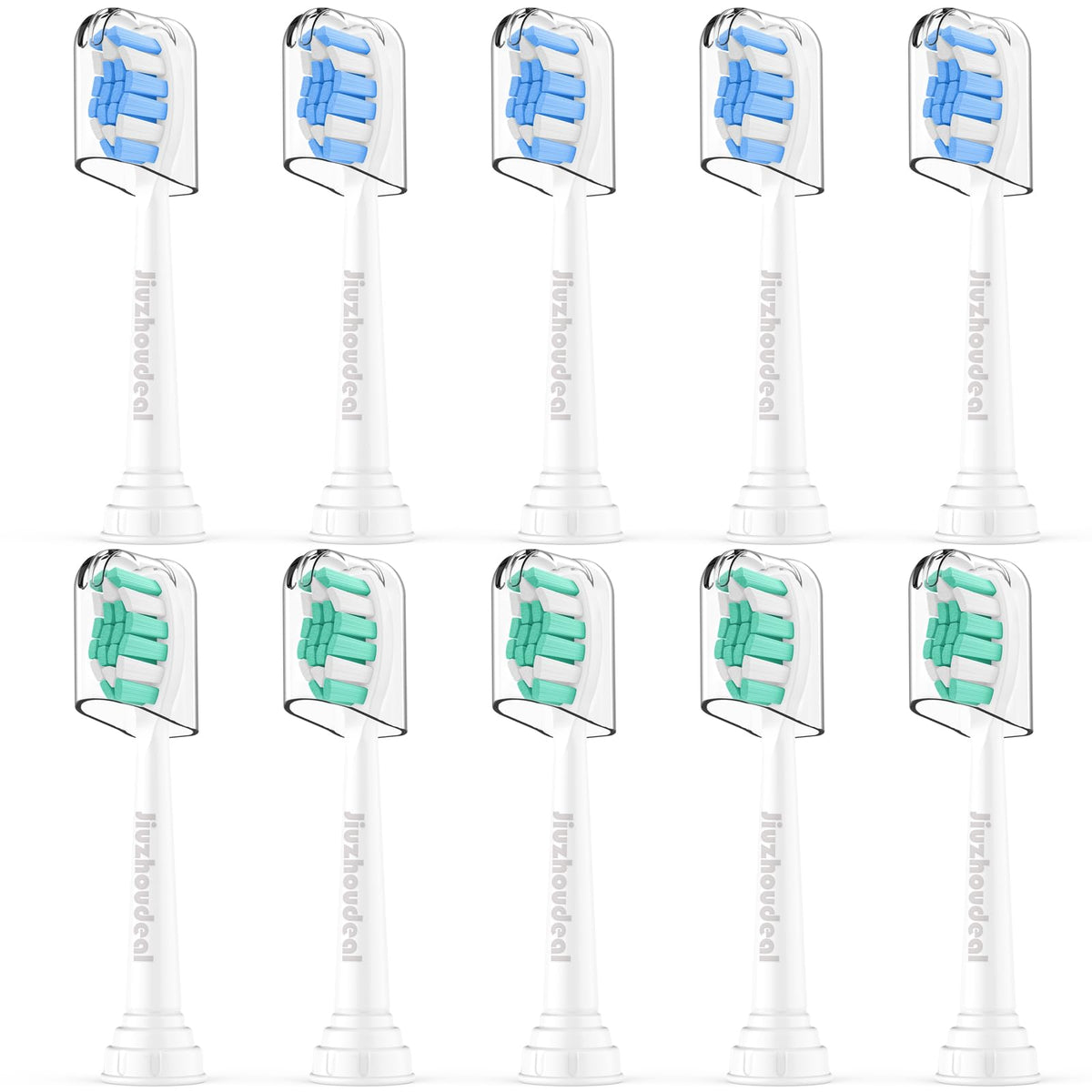 Jiuzhoudeal 10-pack replacement toothbrush heads for Philips Sonicare, white and blue