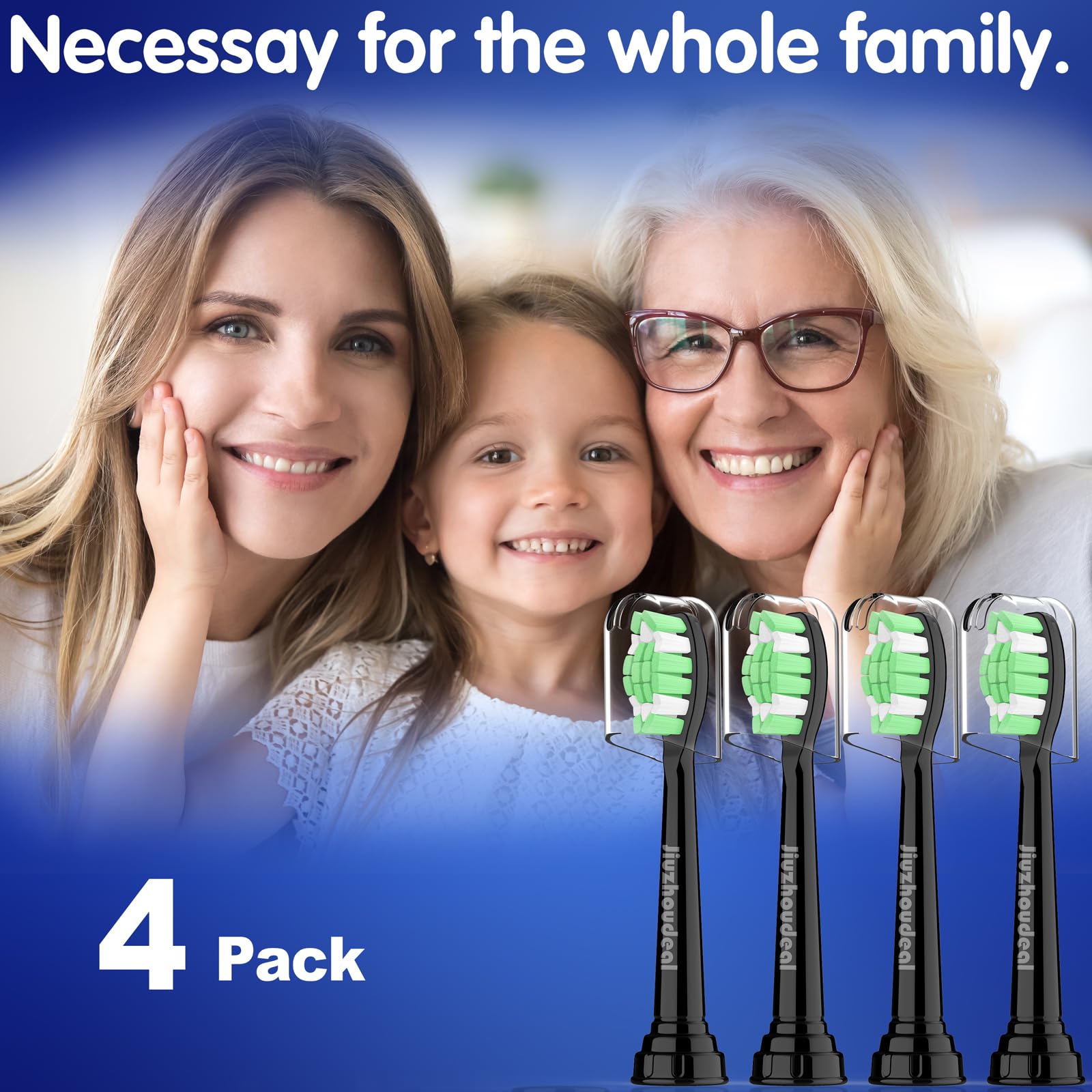 4 replacement heads with caps for convenient storage and travel