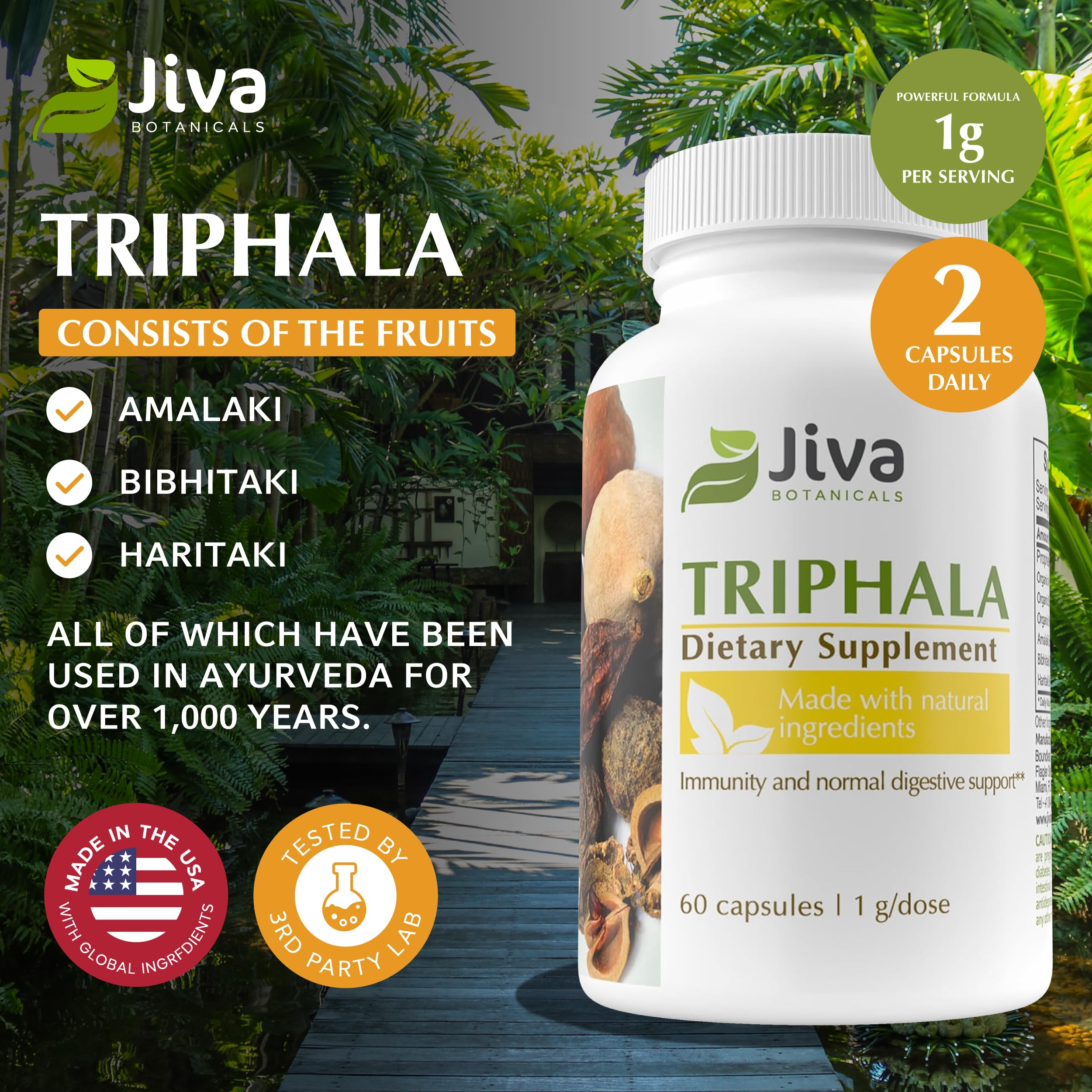 Close-up of Triphala capsules in the bottle