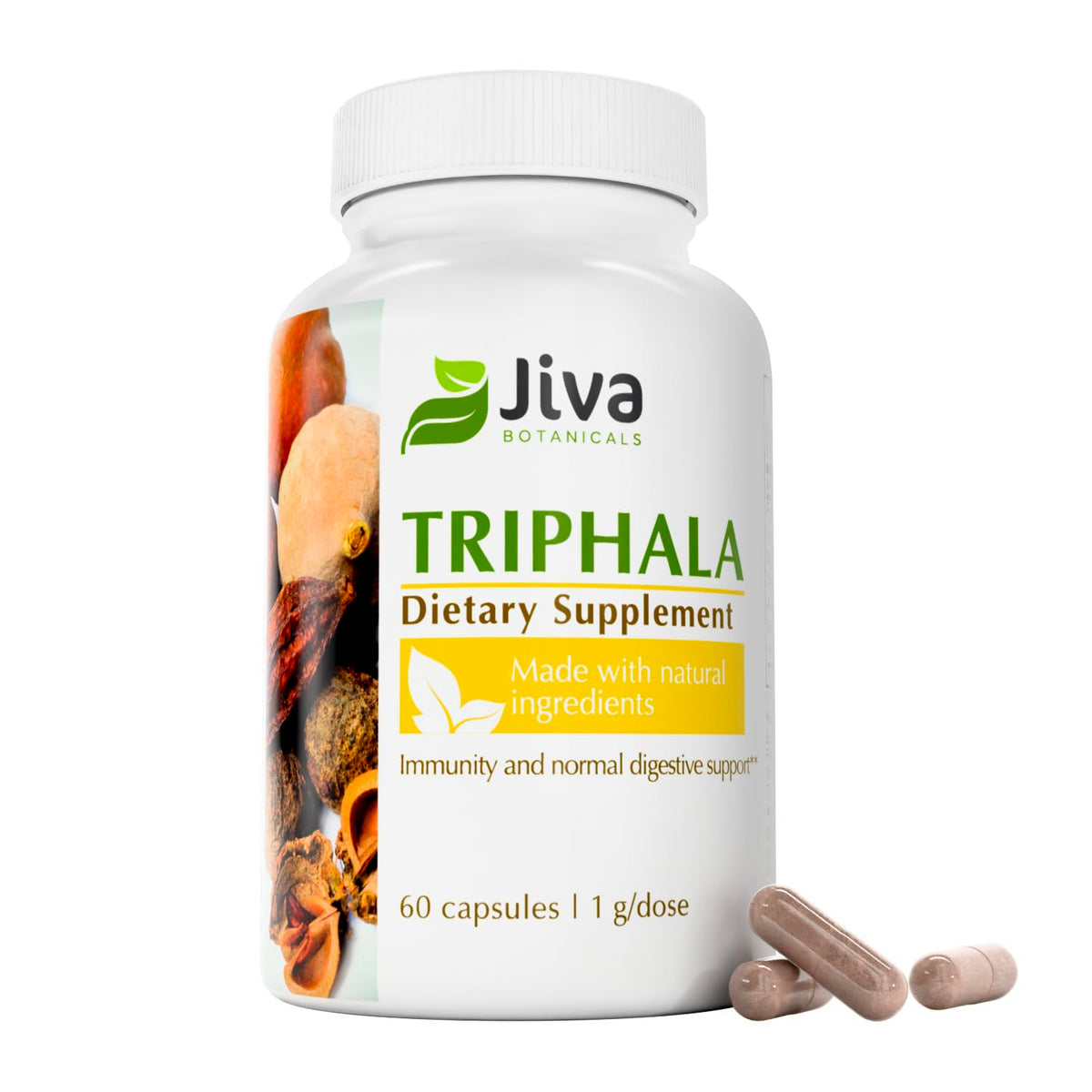 Bottle of Jiva Botanicals Triphala capsules with product label